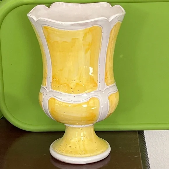 Mid Century Bitossi Era Italian Art Pottery Jardiniere Vase Yellow White Sticker